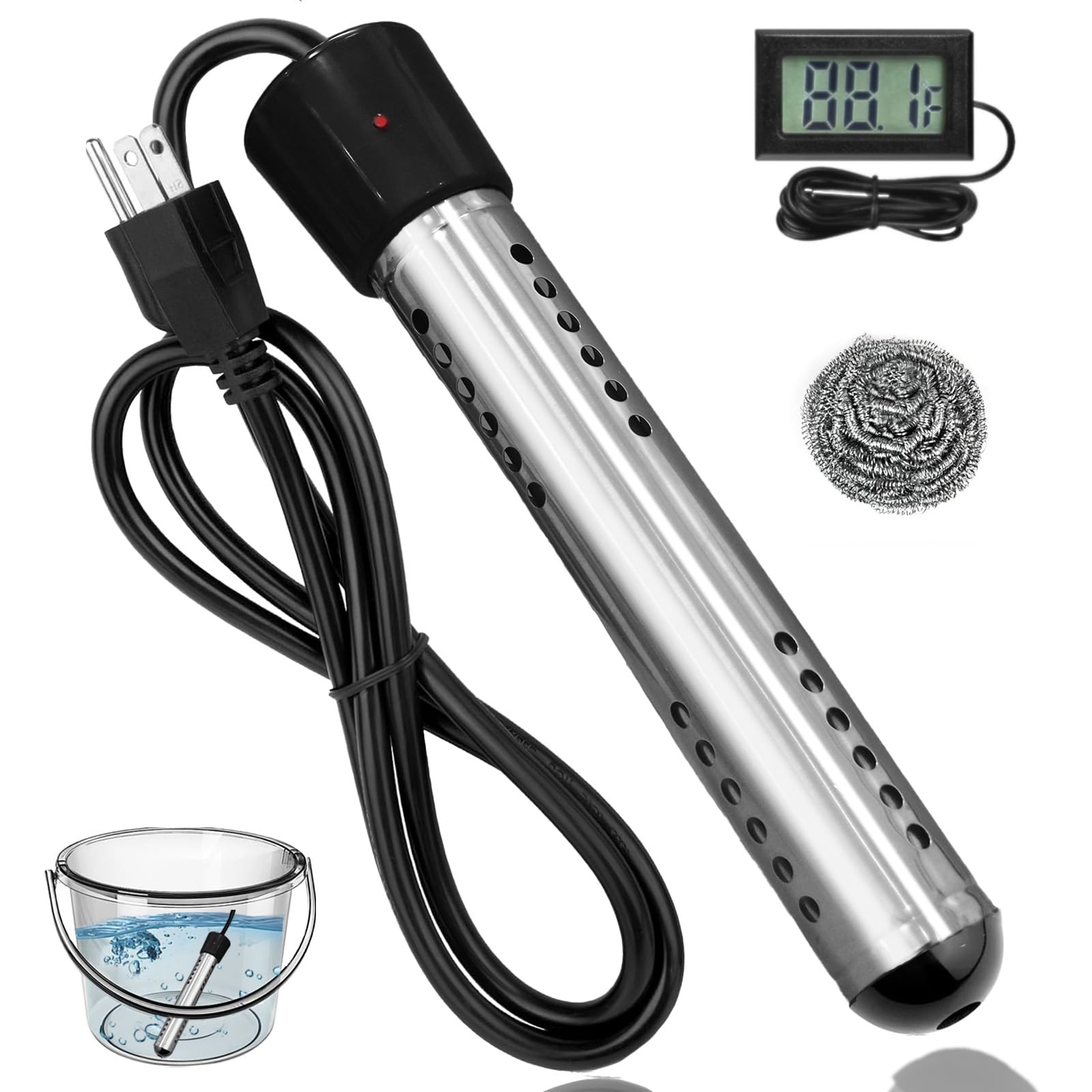 HUVOPUMO immersion heater working in water to quickly heat a bucket