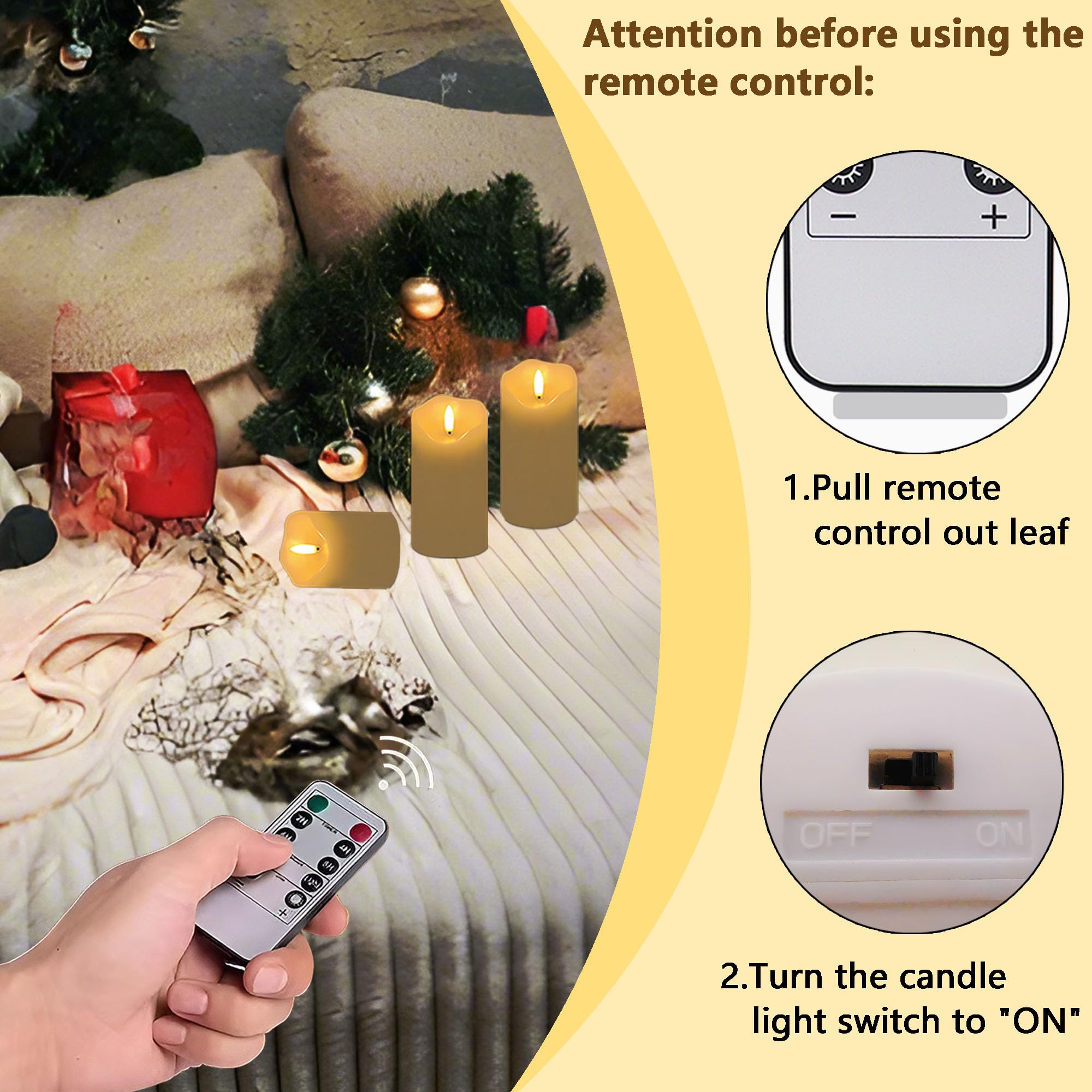 HVOPGEEUAN remote-control candles shown on a table for effortless mood lighting.
