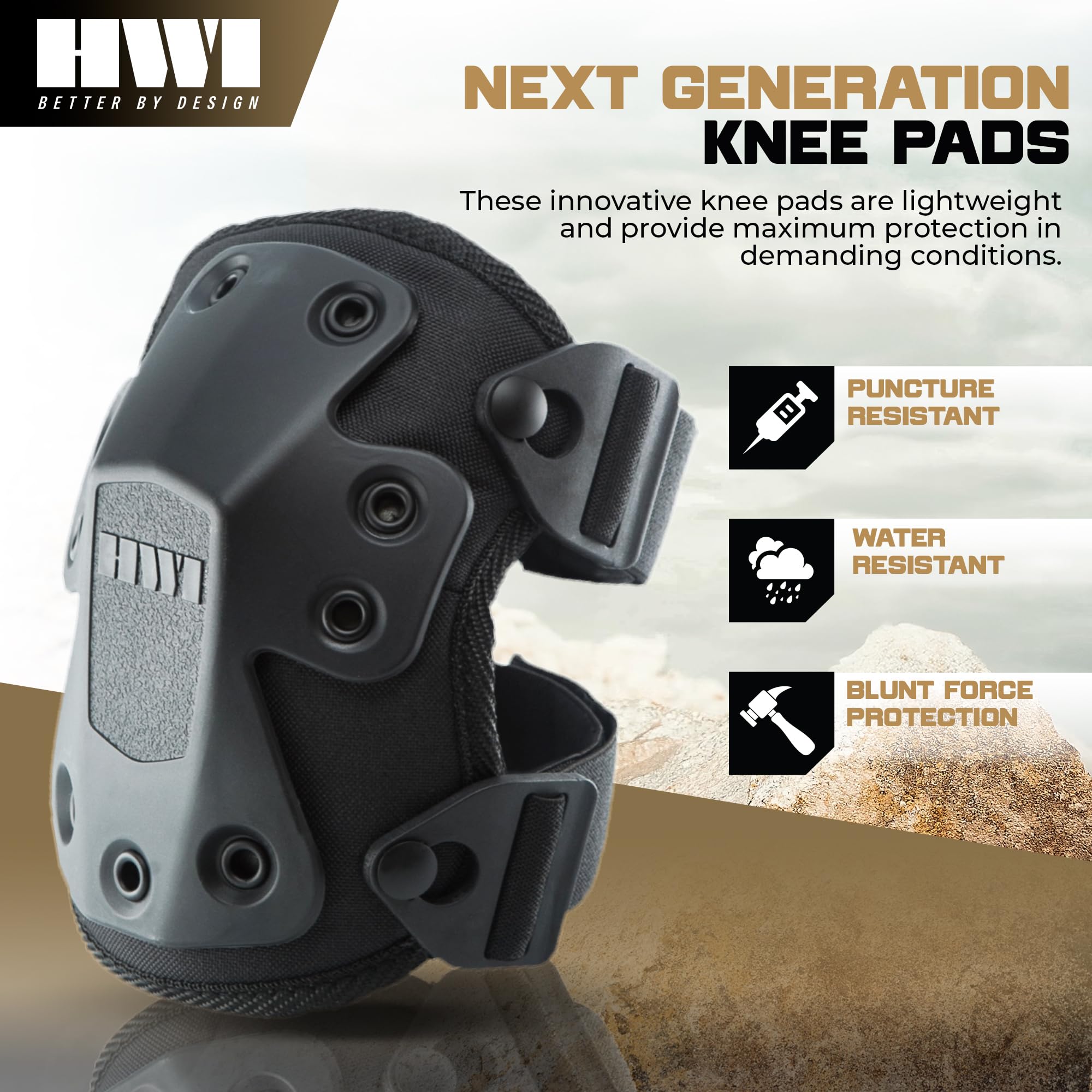 Dense foam core of HWI Gear knee pad cushions joints during tasks