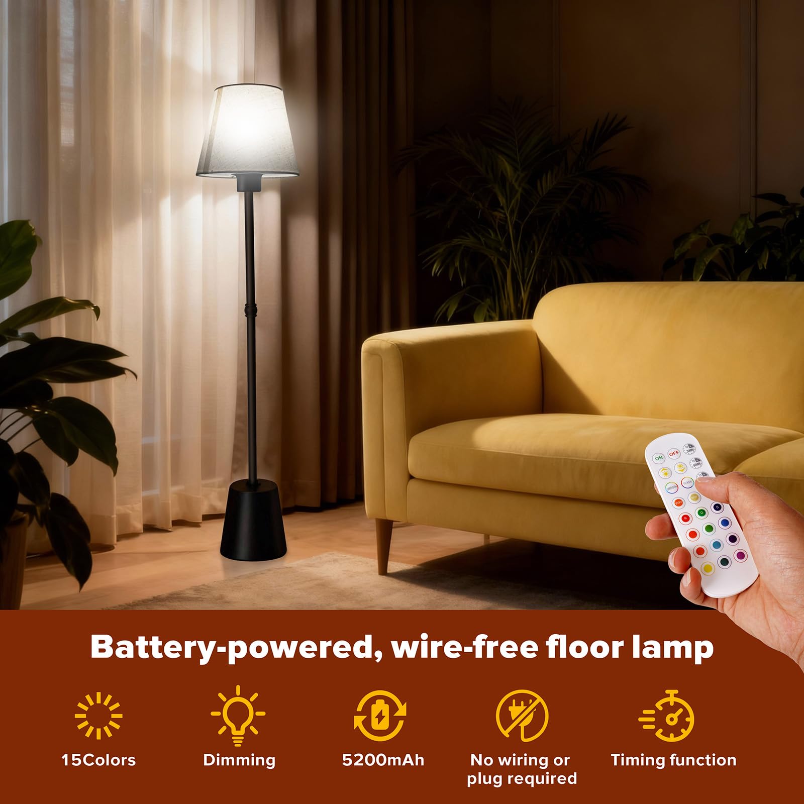 HWTDJJY cordless floor lamp with remote control for easy color and brightness adjustments