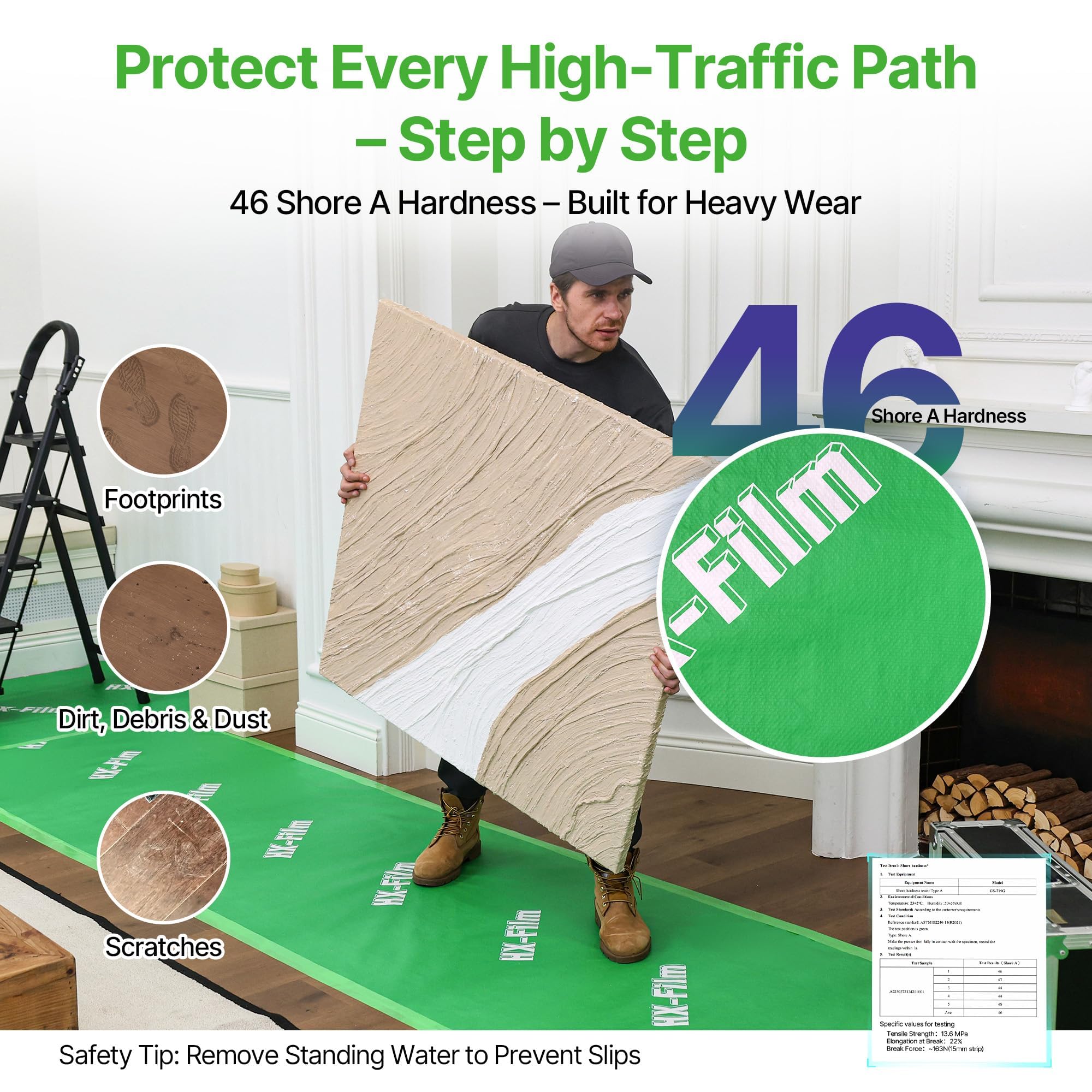 HX-Film waterproof construction layer protects against spills on unfinished surfaces.