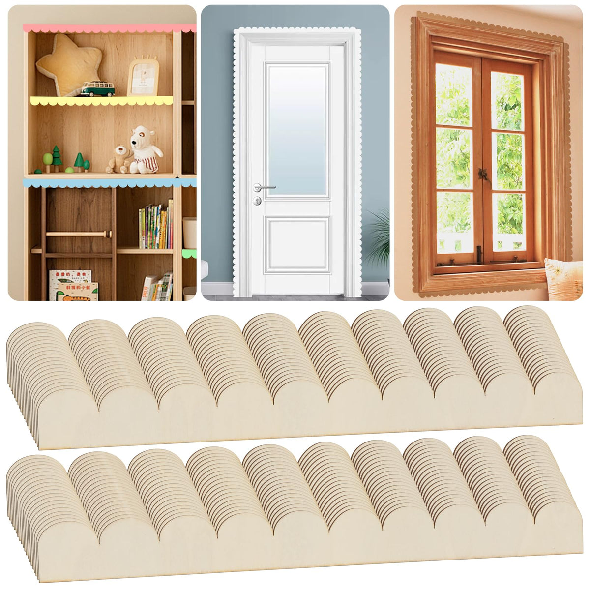 Hxouciv scalloped wood trim for cabinet edging and decorative framing.