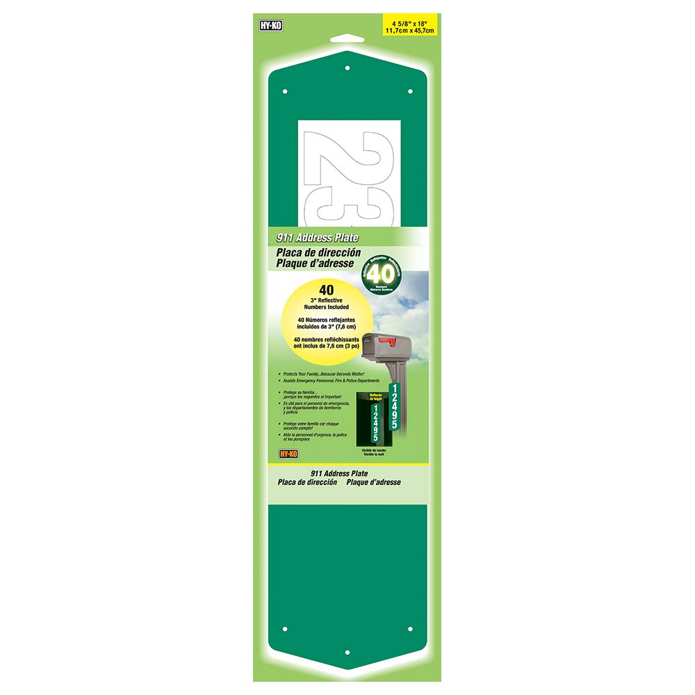 Hy-Ko 911 address plate on green surface with reflective numbers for nighttime visibility
