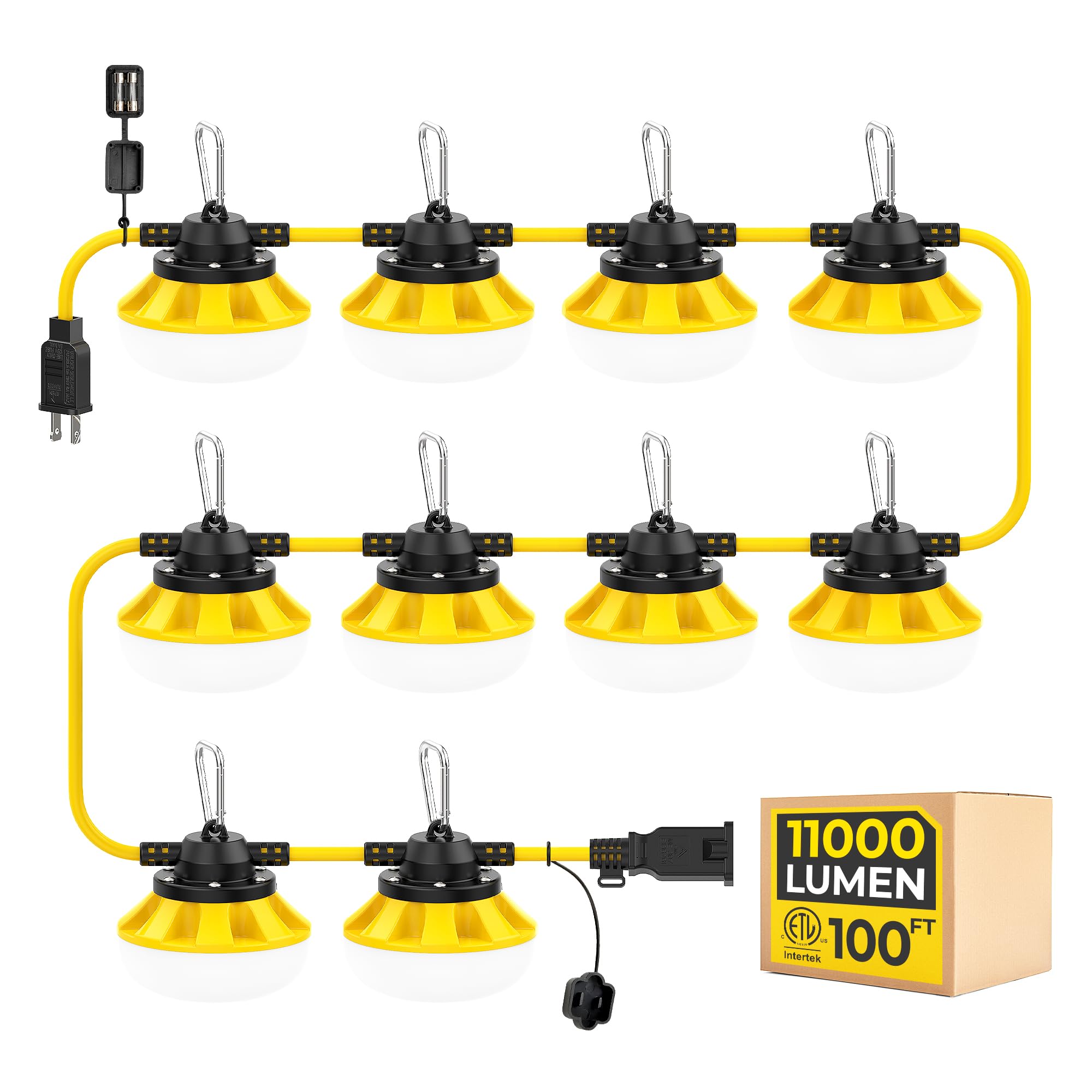 HYANGLUX 100ft construction string lights illuminate outdoor setups with bright, even coverage for worksites.