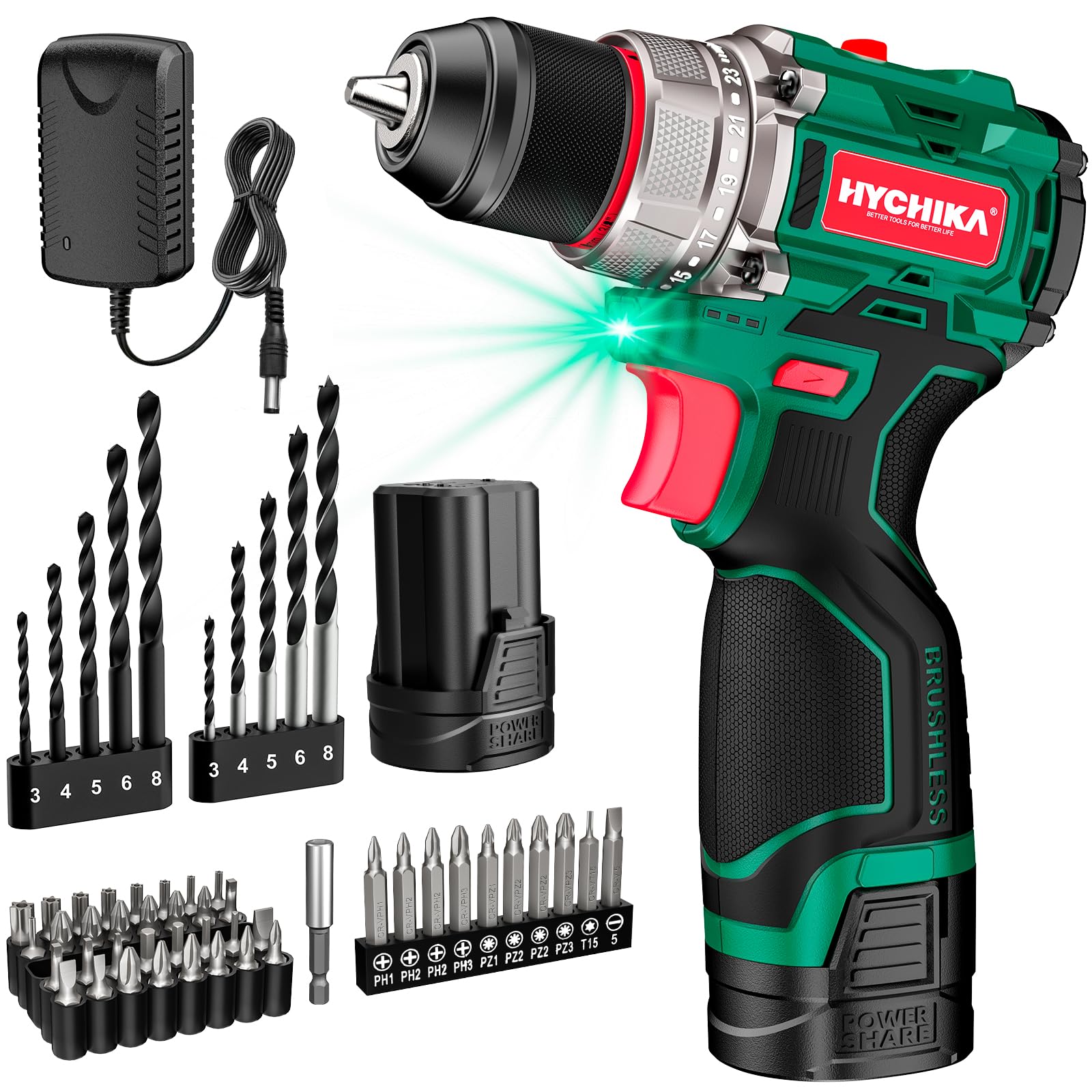 HYCHIKA drill set with LED light guiding precise work in dim spaces.