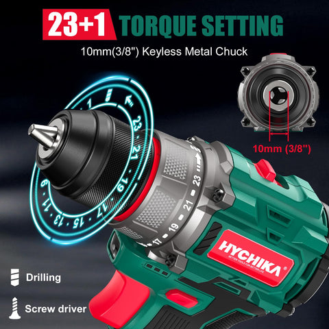 HYCHIKA cordless drill with ergonomic grip for comfortable use.