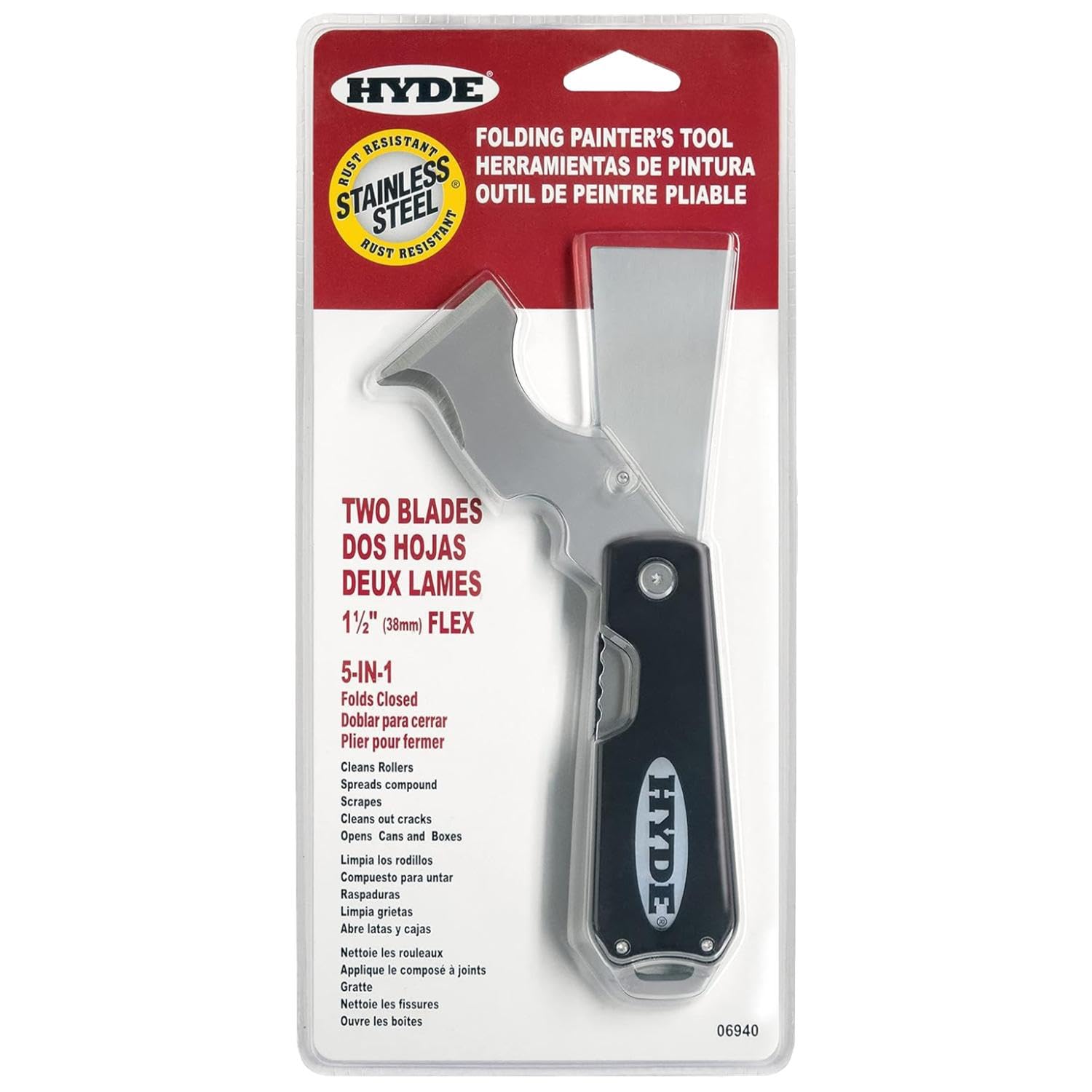 Hyde dual blade folding painter's tool with dual blades for nails and patches.