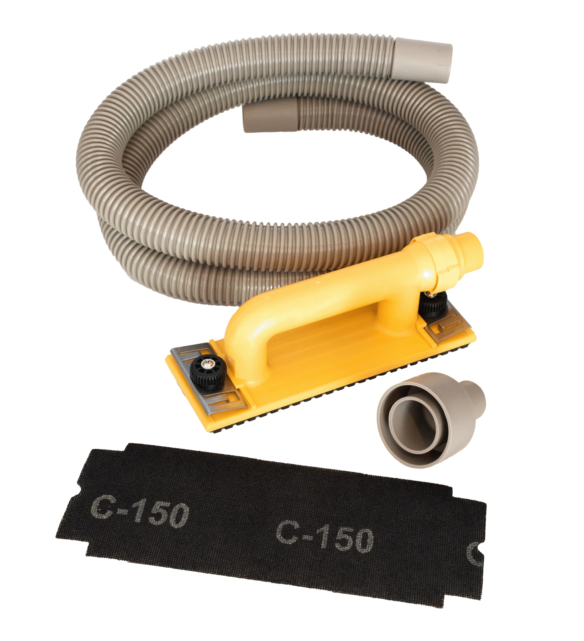 Hyde Tools 09165 dust-free drywall sander attached to vacuum for clean sanding