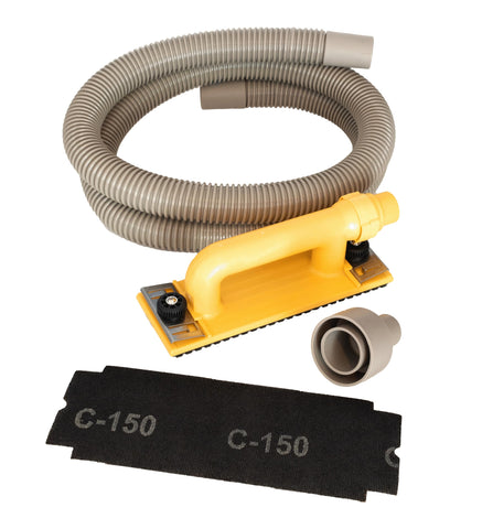 Hyde Tools 09165 dust-free drywall sander attached to vacuum for clean sanding
