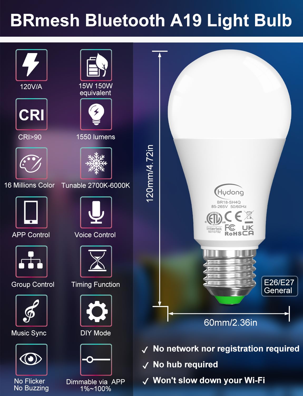 HYDONG color-changing mode with 16 million colors for mood lighting.
