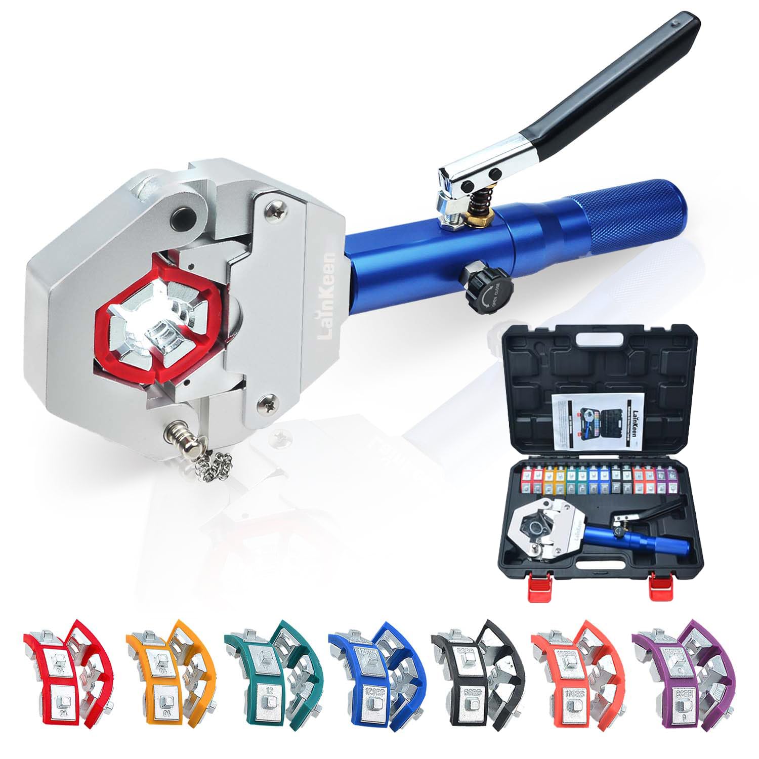 Hydraulic AC Hose Crimper 71500 die set close-up showing interchangeable dies