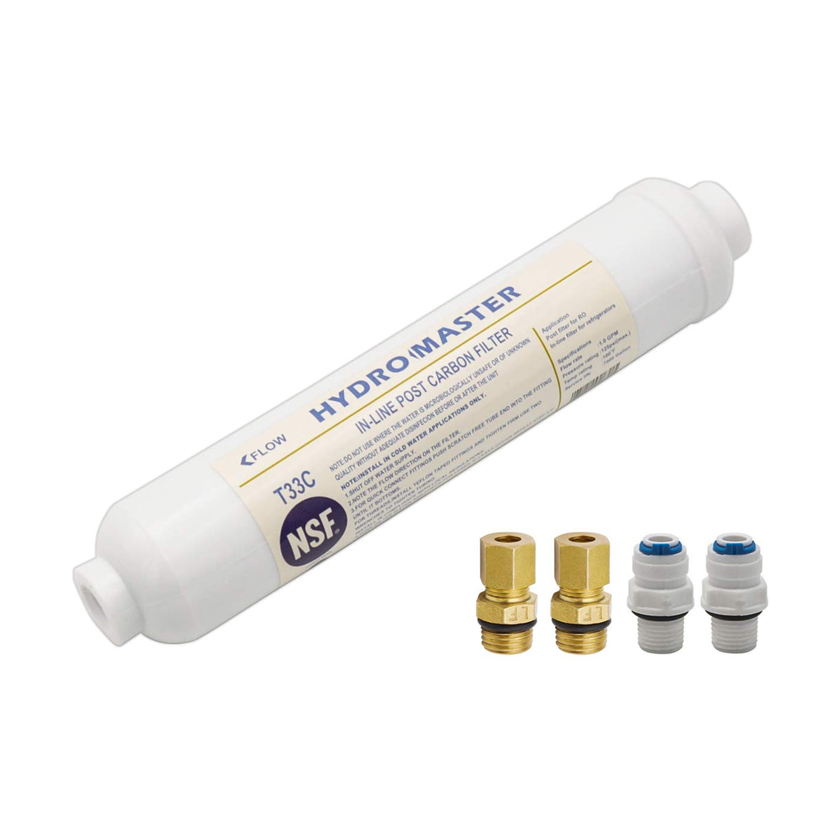 HYDRO MASTER inline post-carbon filter body shows space-saving design for under-sink use.