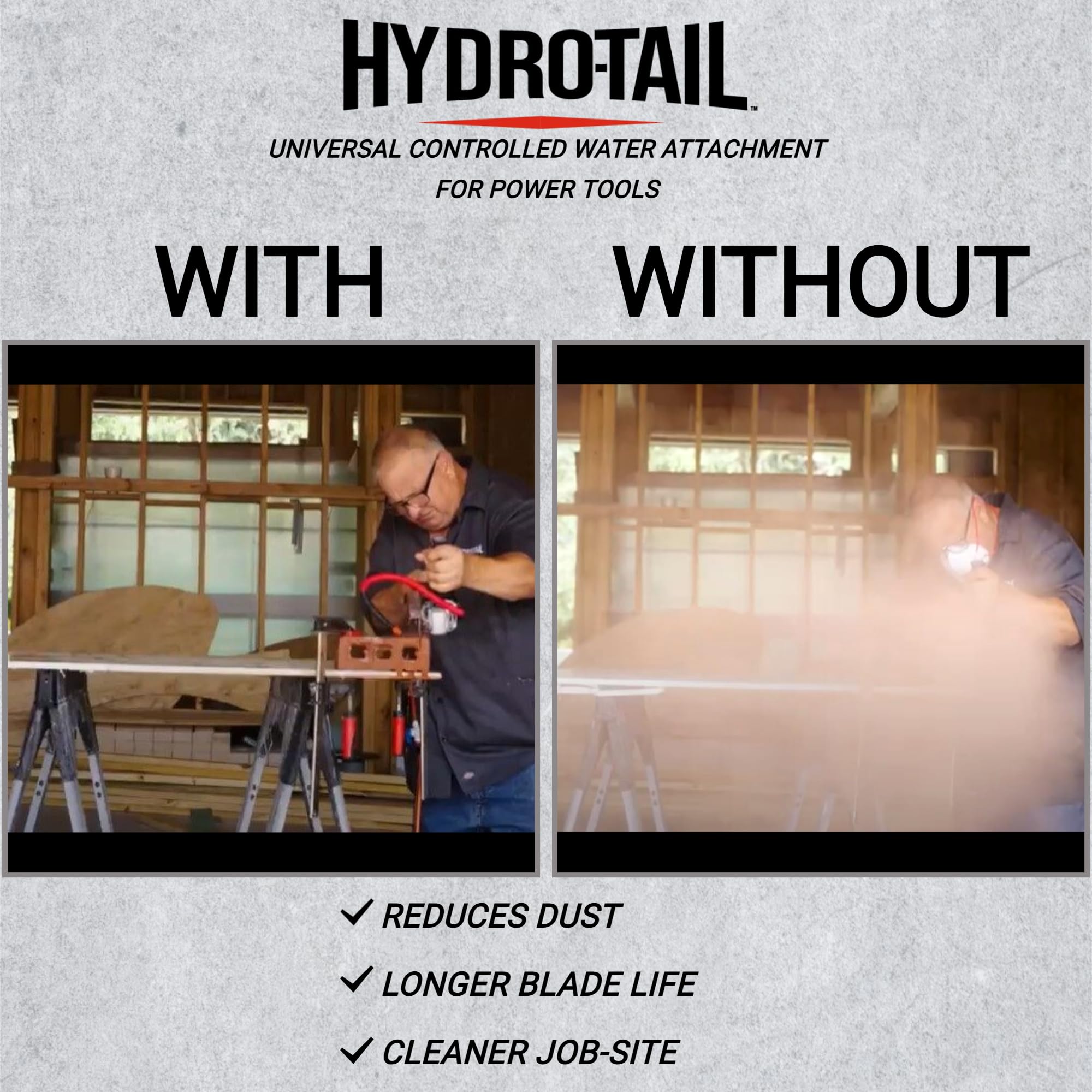 Hydro-Tail misting reduces dust exposure during tile cutting.