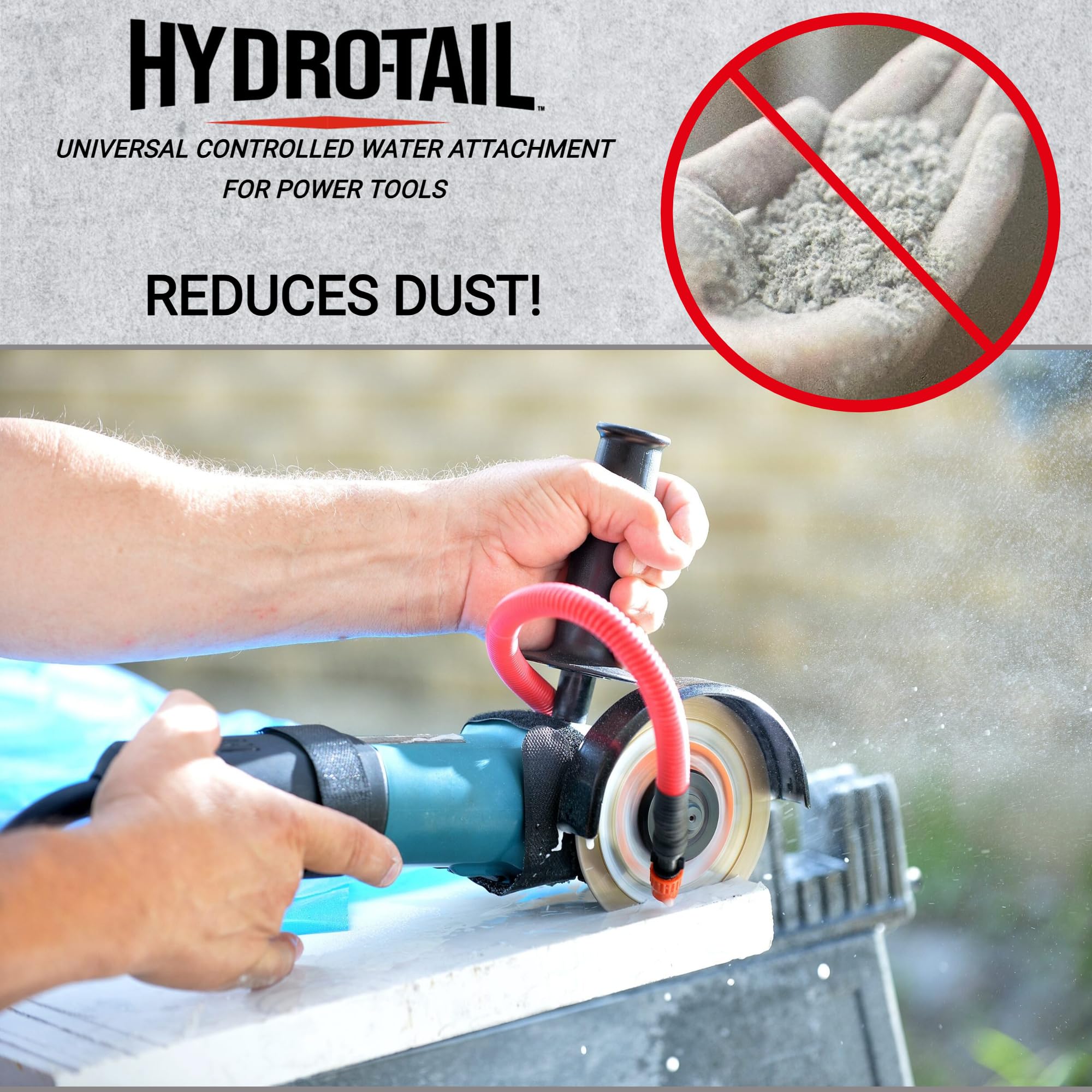 Hydro-Tail on a saw demonstrates dust suppression during cuts for better visibility.