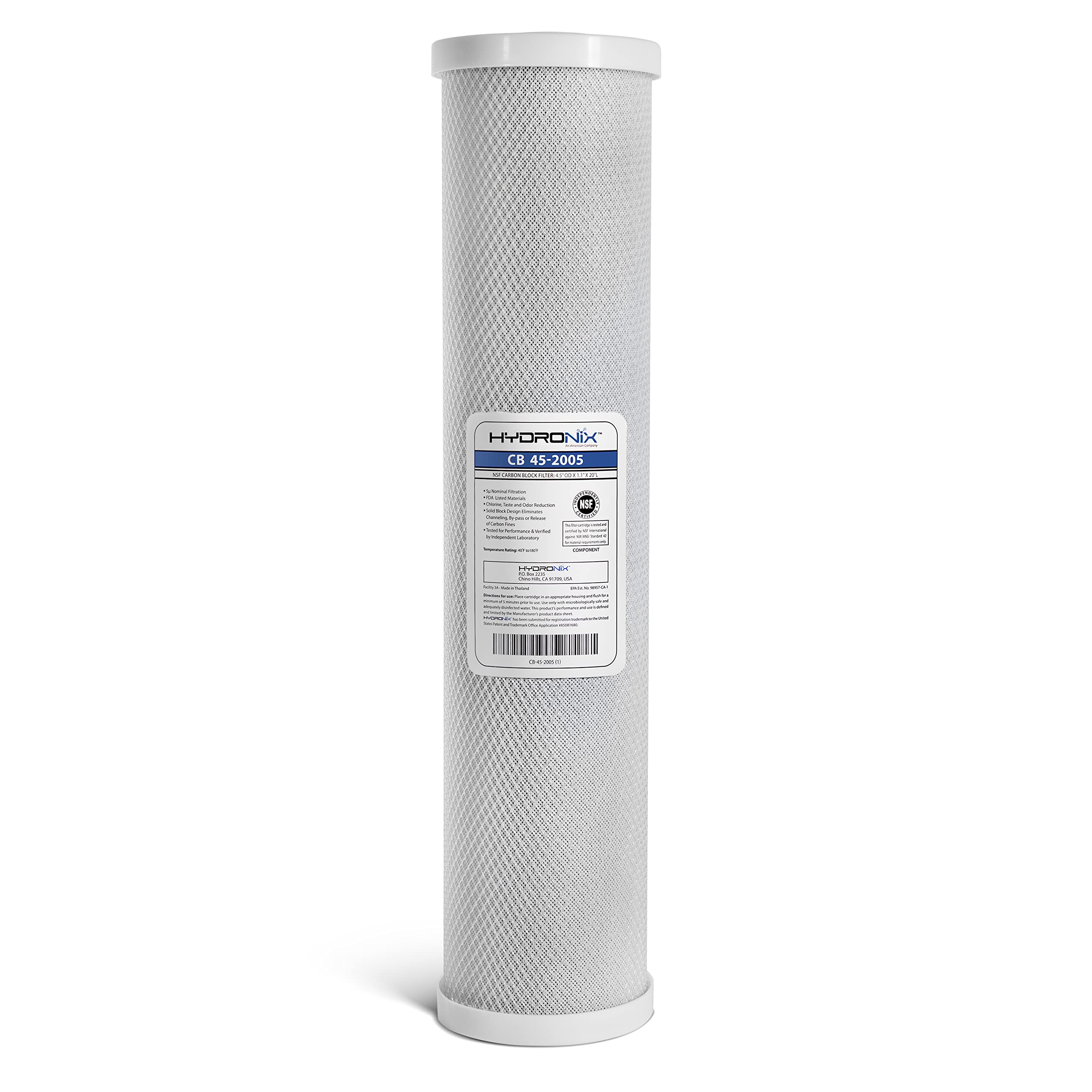 Hydronix CB-45-2005 filter body with coconut carbon media for efficient filtration in commercial systems.