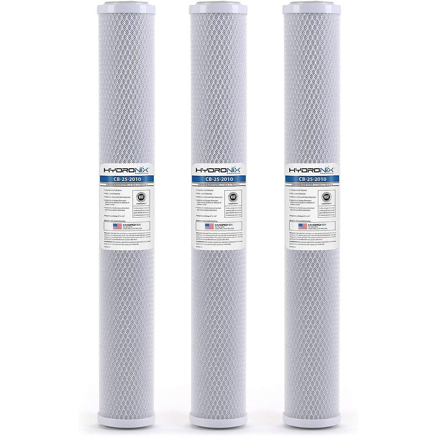 Hydronix HX-CB-25-2010/3 three-pack filter front view enhances taste with coconut carbon.