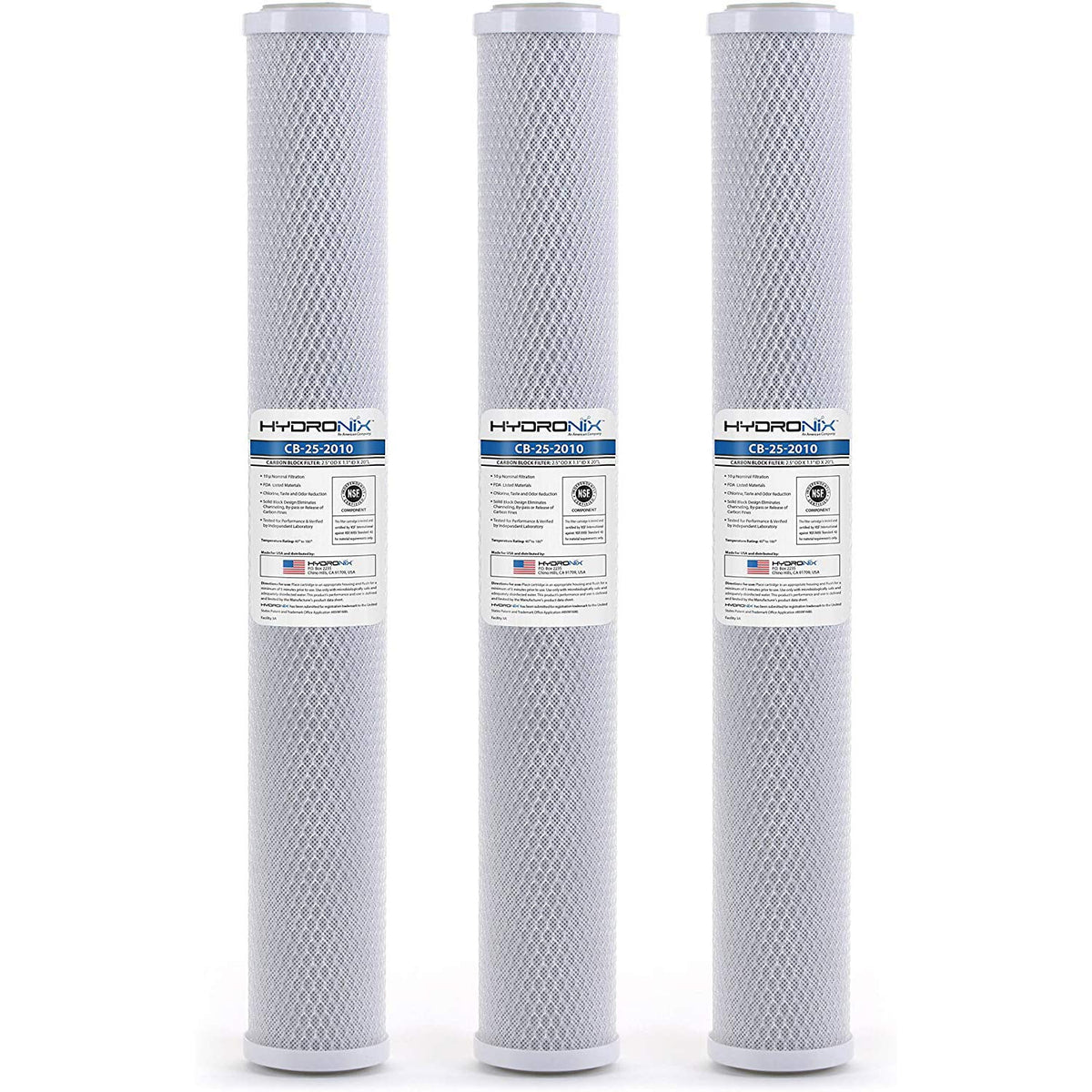 Hydronix HX-CB-25-2010/3 three-pack filter front view enhances taste with coconut carbon.