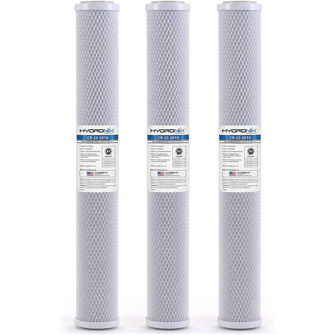 Hydronix HX-CB-25-2010/3 three-pack filter front view enhances taste with coconut carbon.
