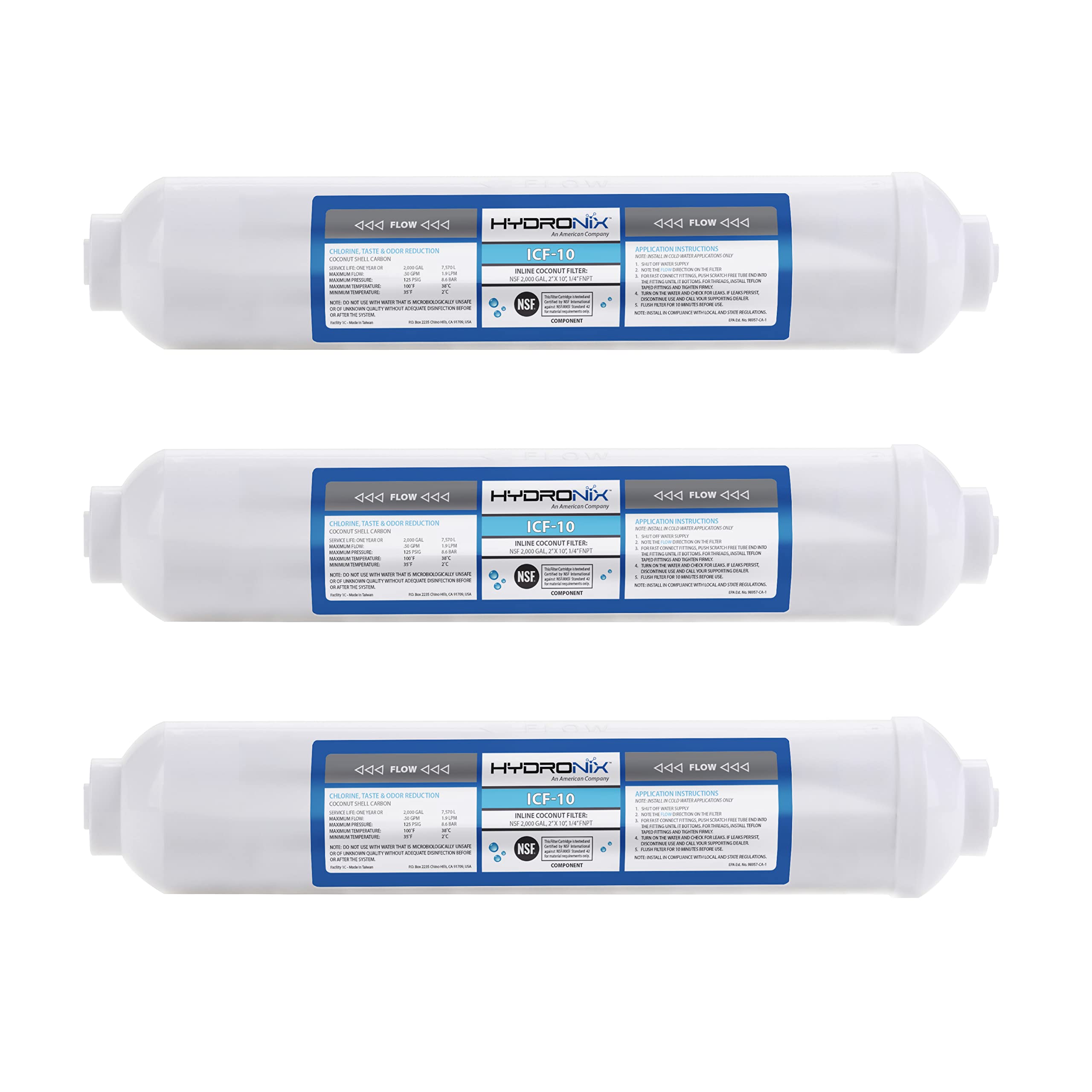 Hydronix ICF-10 inline filter with coconut shell carbon media for fresher-tasting water