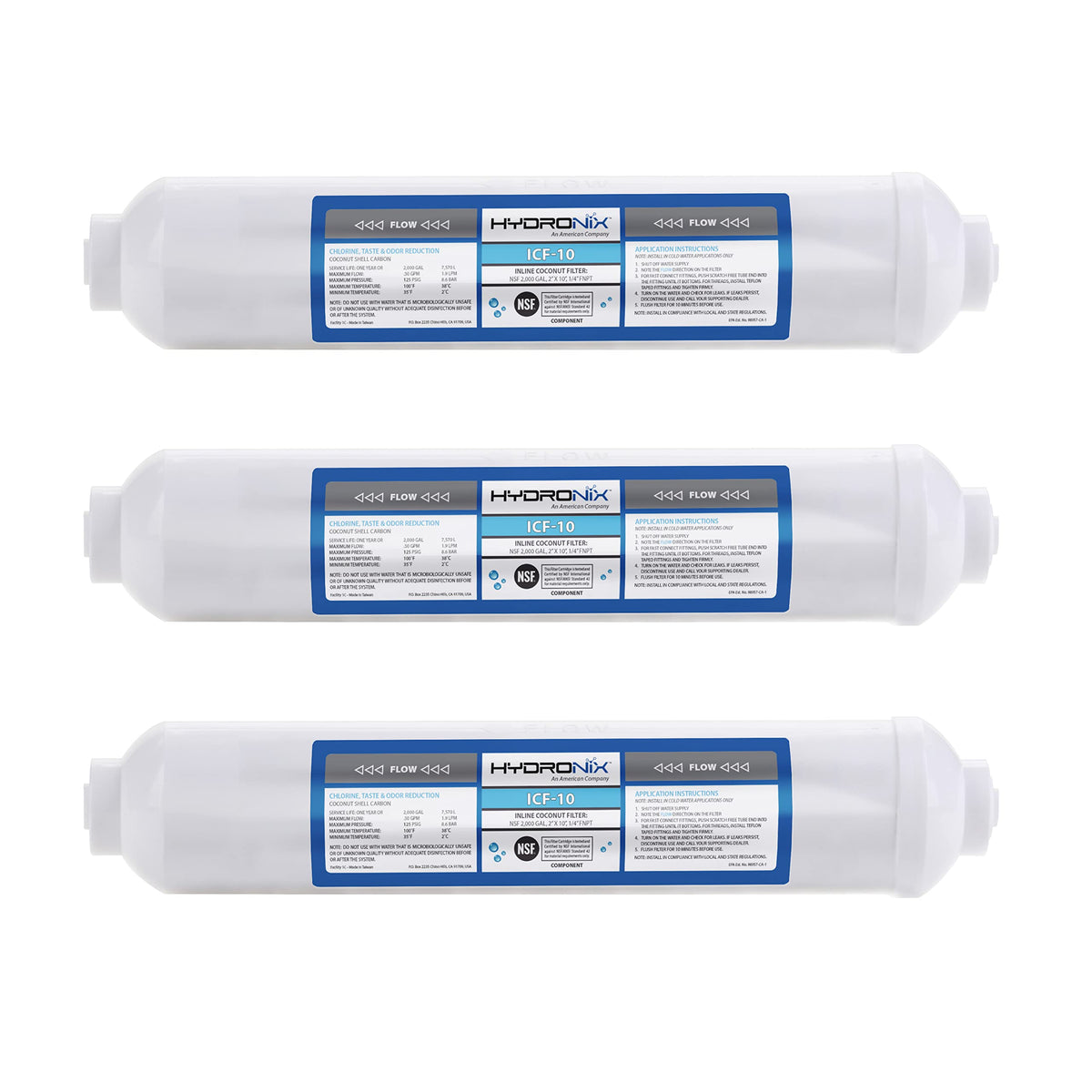 Hydronix ICF-10 inline filter with coconut shell carbon media for fresher-tasting water