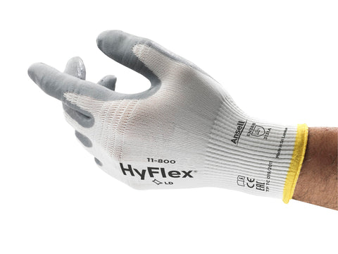 HyFlex 11-800 glove with gray foam nitrile coating for improved grip and abrasion resistance.