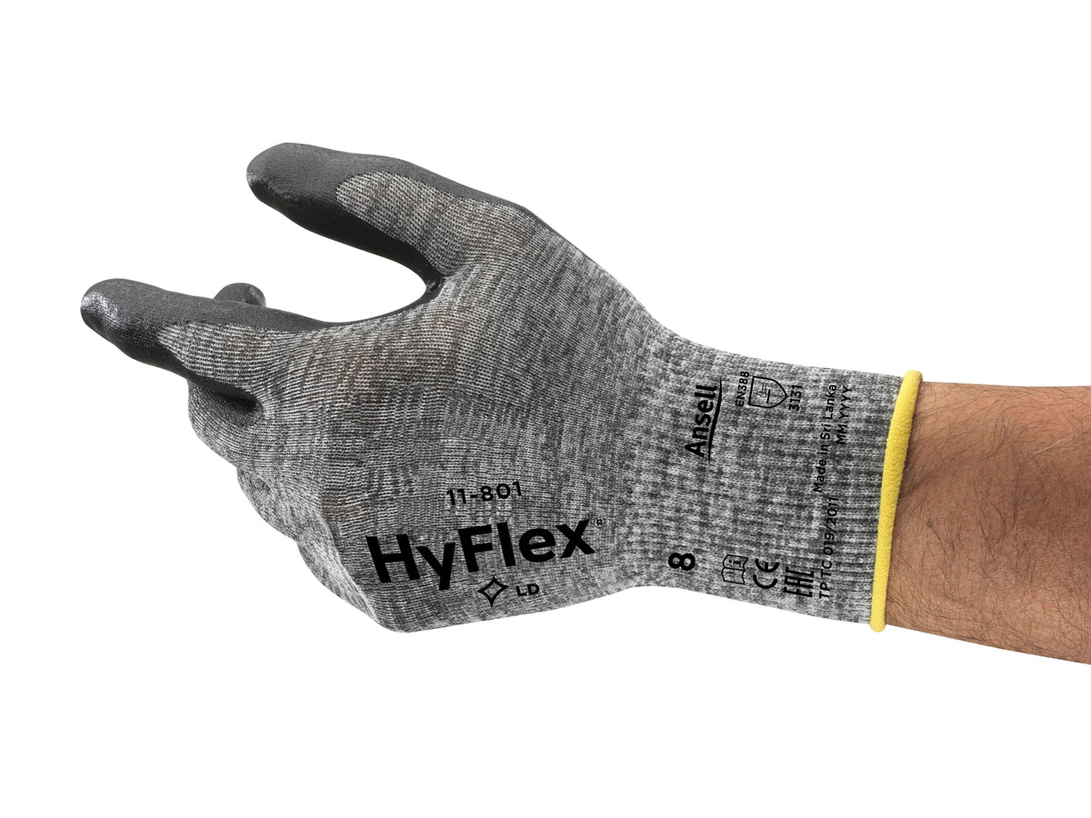 HyFlex 11-801 nylon glove with foam nitrile coating for improved grip in automotive tasks.