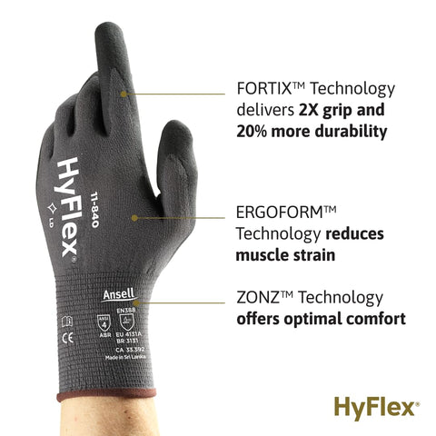 HyFlex 11-840 ergonomic Ergoform design offers a secure, comfortable fit for all-day wear.