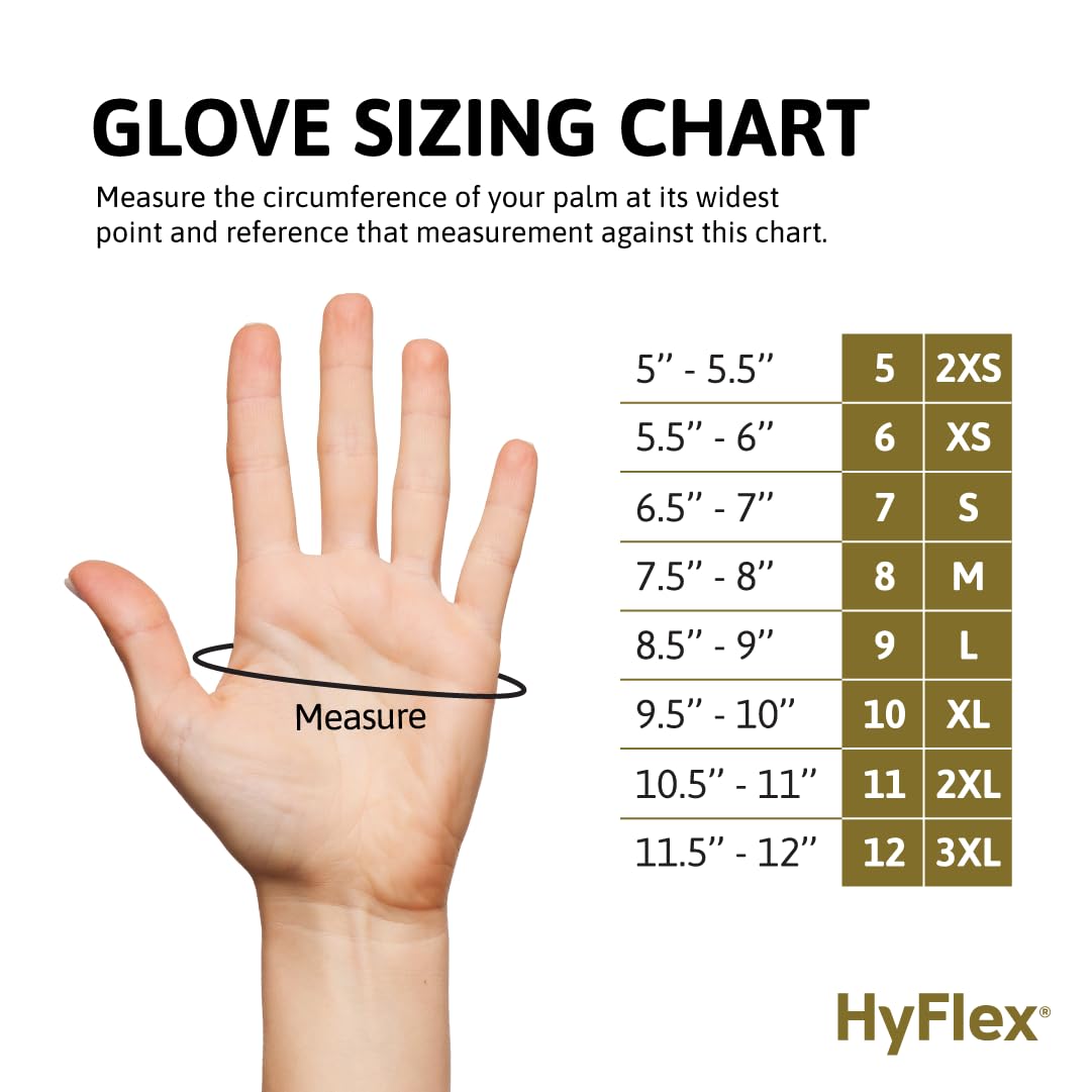 HyFlex 11-840 size range 5-12 suits diverse hand sizes.