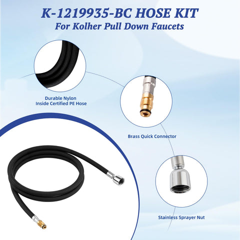 Hygie Rinse 68-inch hose extended for easy reach under sink.