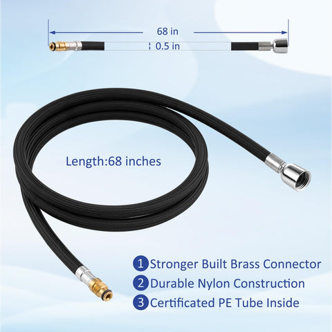 Hygie Rinse K-1219935-BC hose assembly close-up highlighting nylon wrap durability.
