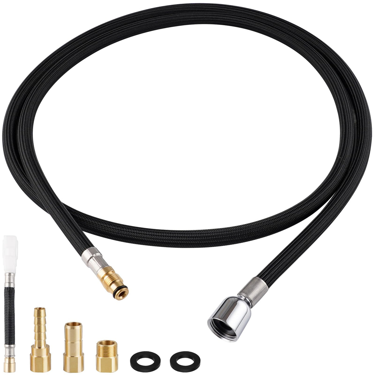 Hygie Rinse hose kit front view with chrome nut for secure fit.