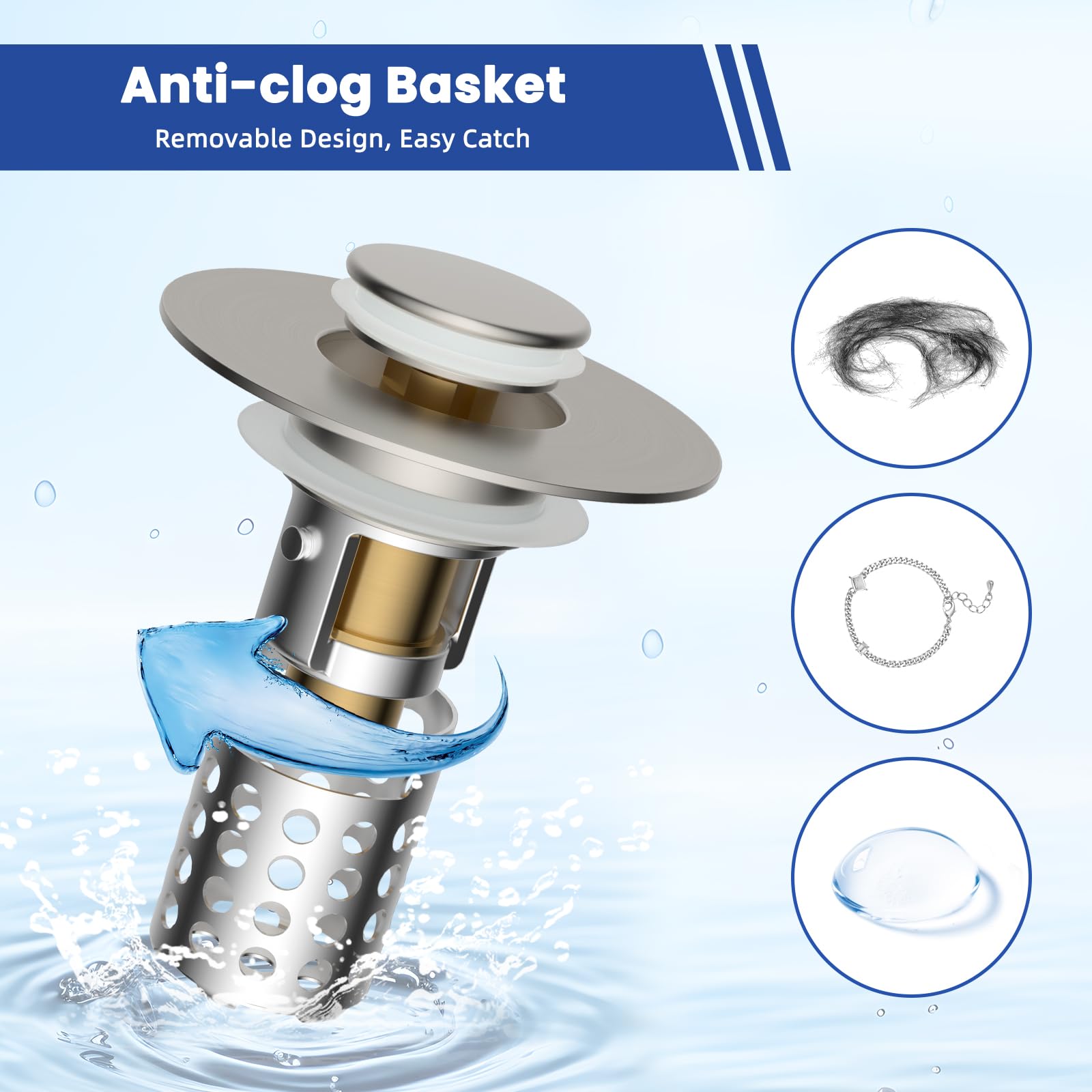Hygie Rinse pop-up stopper with brass core for reliable, smooth operation.