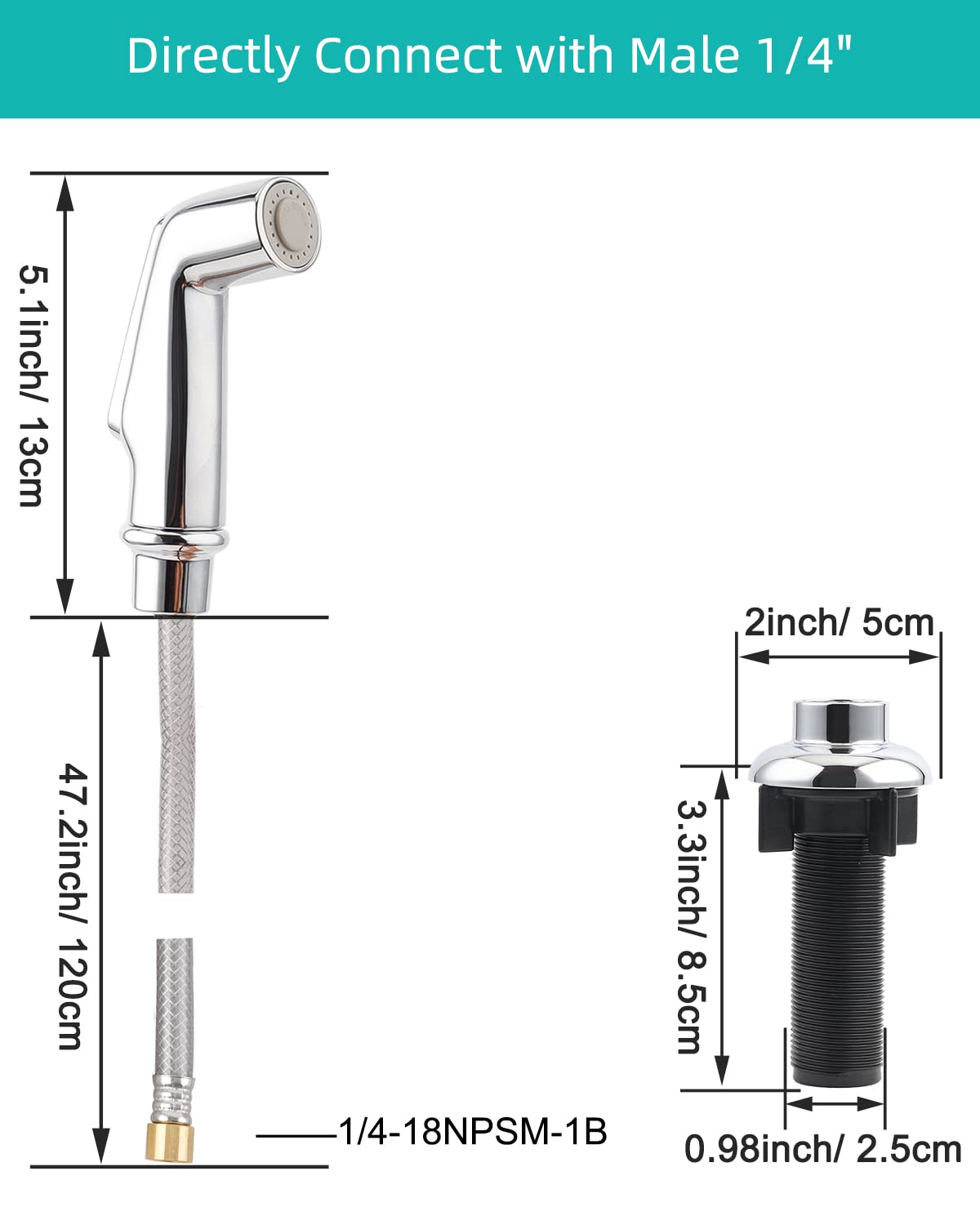 Hygie Rinse chrome holder keeps the sprayer within reach and organized.