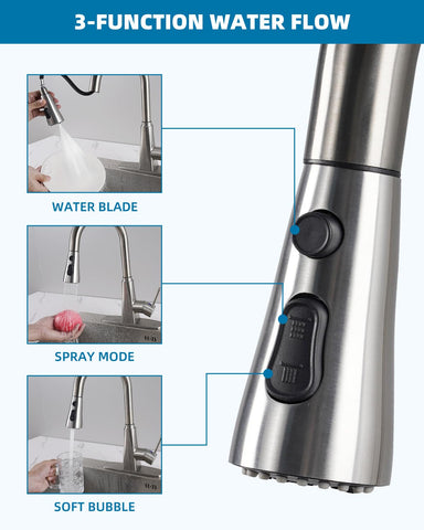 Hygie Rinse sprayer head showing three modes: soft bubble, strong spray, water blade.