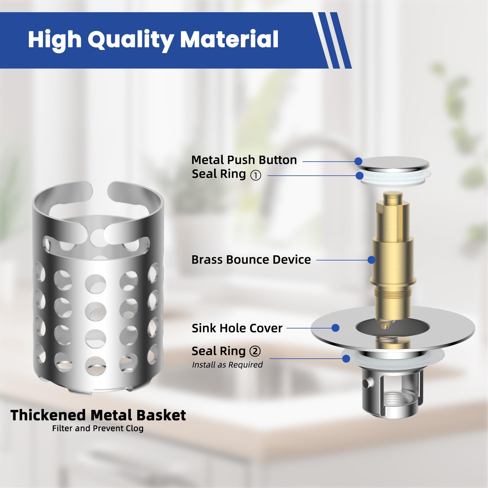 Hygie Rinse chrome finish stopper blends with bathroom decor