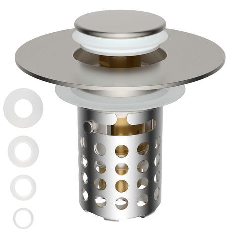 Hygie Rinse universal drain strainer with removable filter basket catching hair and debris.