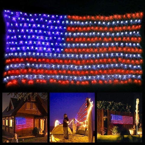 HYH American Flag Lights with 420 LEDs net on wall for outdoor ambiance