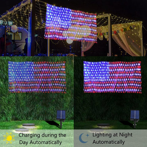 HYH night view of patriotic HYH yard decor in a garden