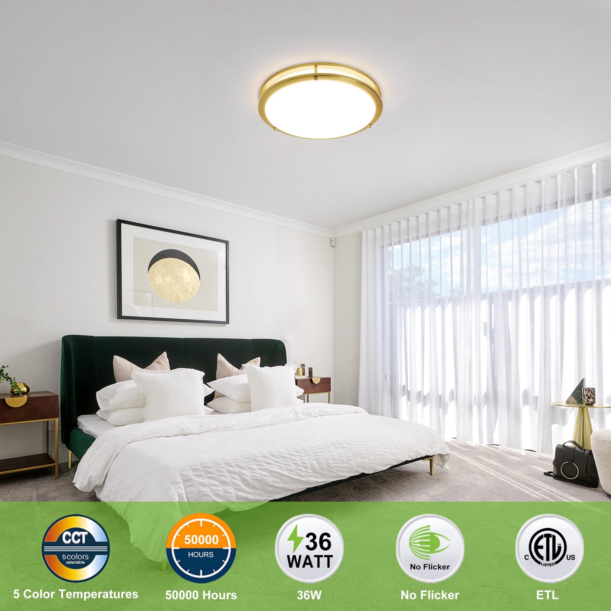 Hykolity 16-inch gold LED flush mount 2200 lumens at 36W.