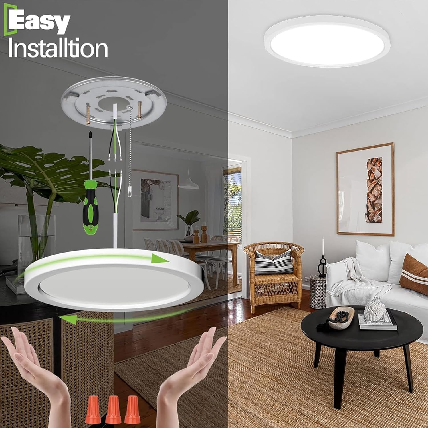 hykolity 18in round panel light ceiling installation shows easy flush-mount setup