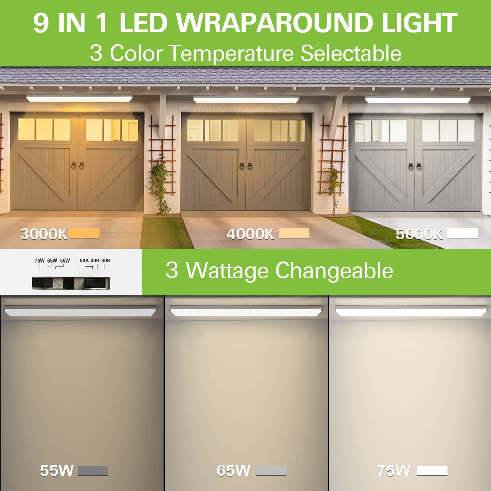 Hykolity 4ft LED wraparound light side view highlights flush-mount design for seamless ceilings.