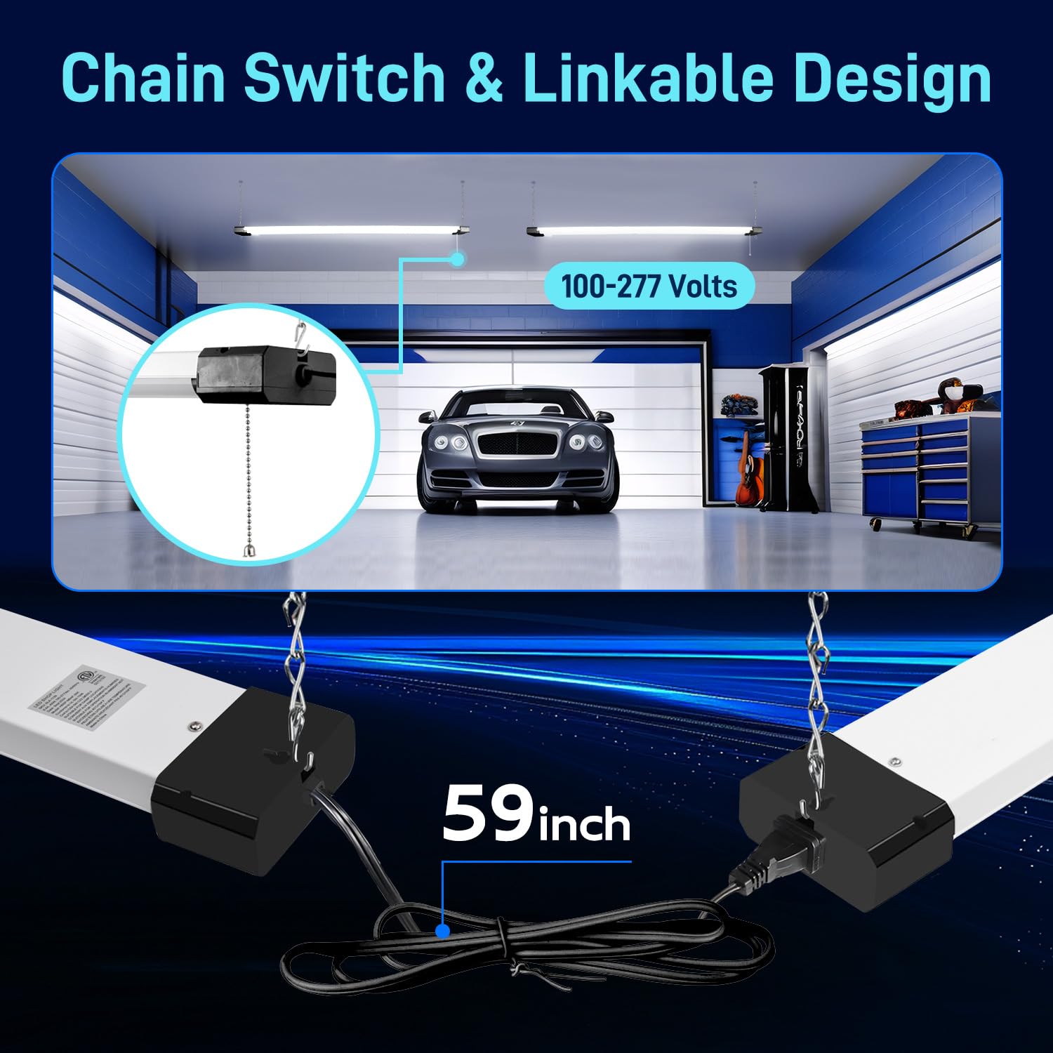 Hykolity 4ft LED shop light installed in a garage-workshop setup for even coverage.