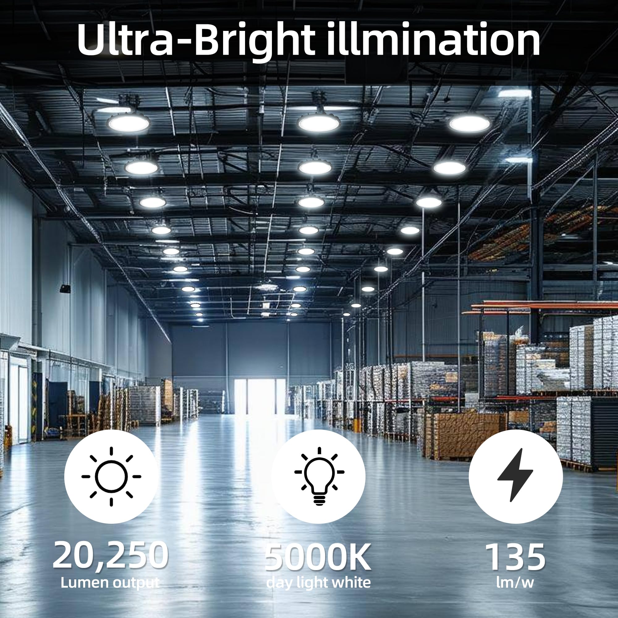 Hykolity easy-install UFO high bay with movable hook for secure ceiling mounting.