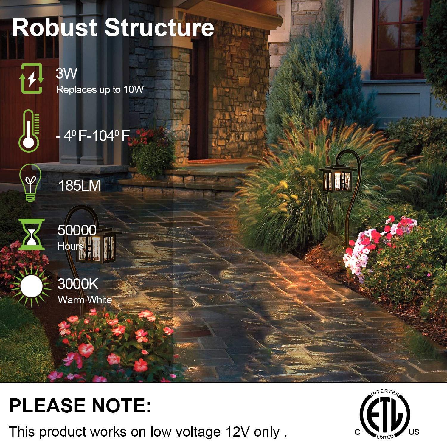 Hykolity landscape light provides energy-efficient 3W, long-lasting warm white glow.