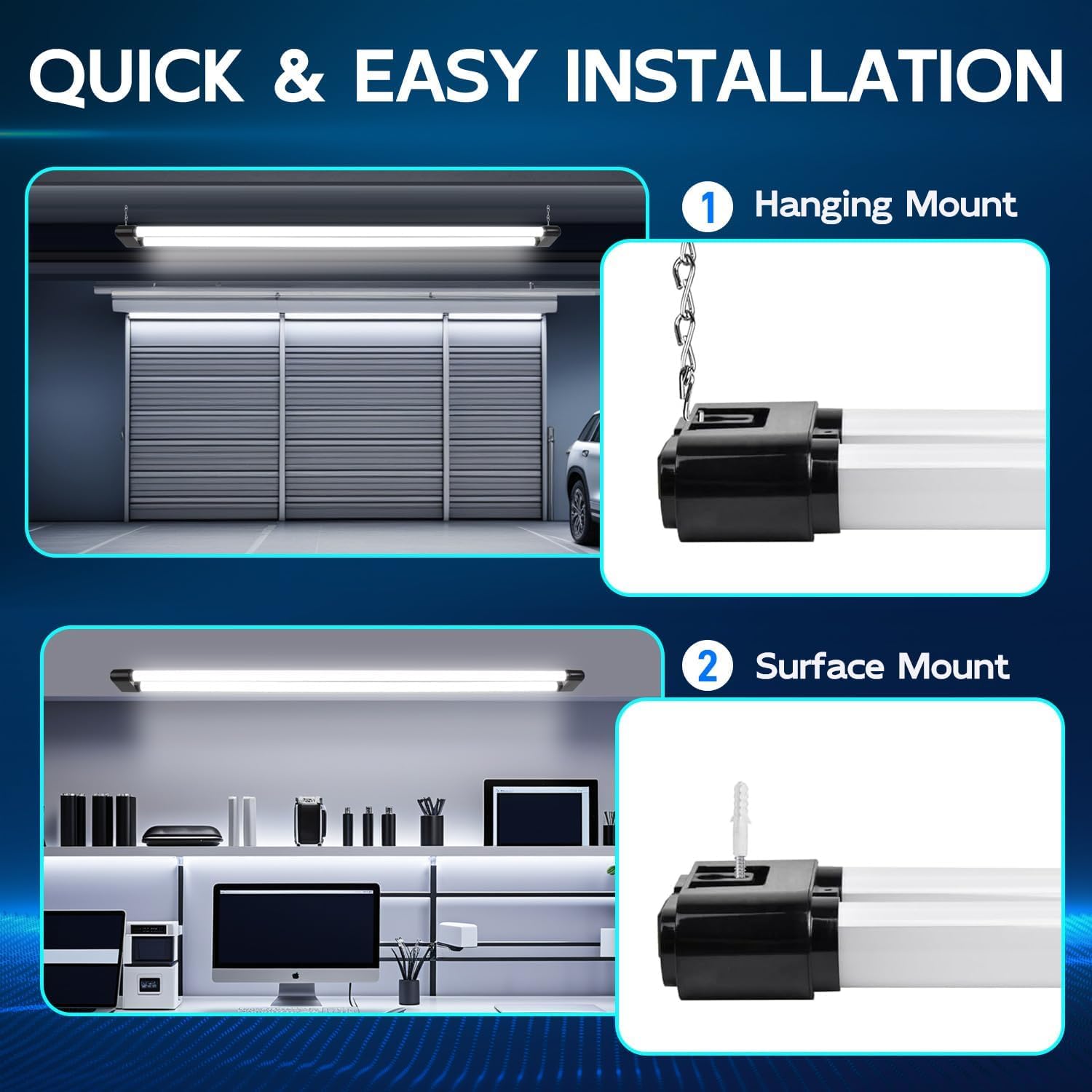 Ceiling-hung installation shown with included chains for flexible mounting.
