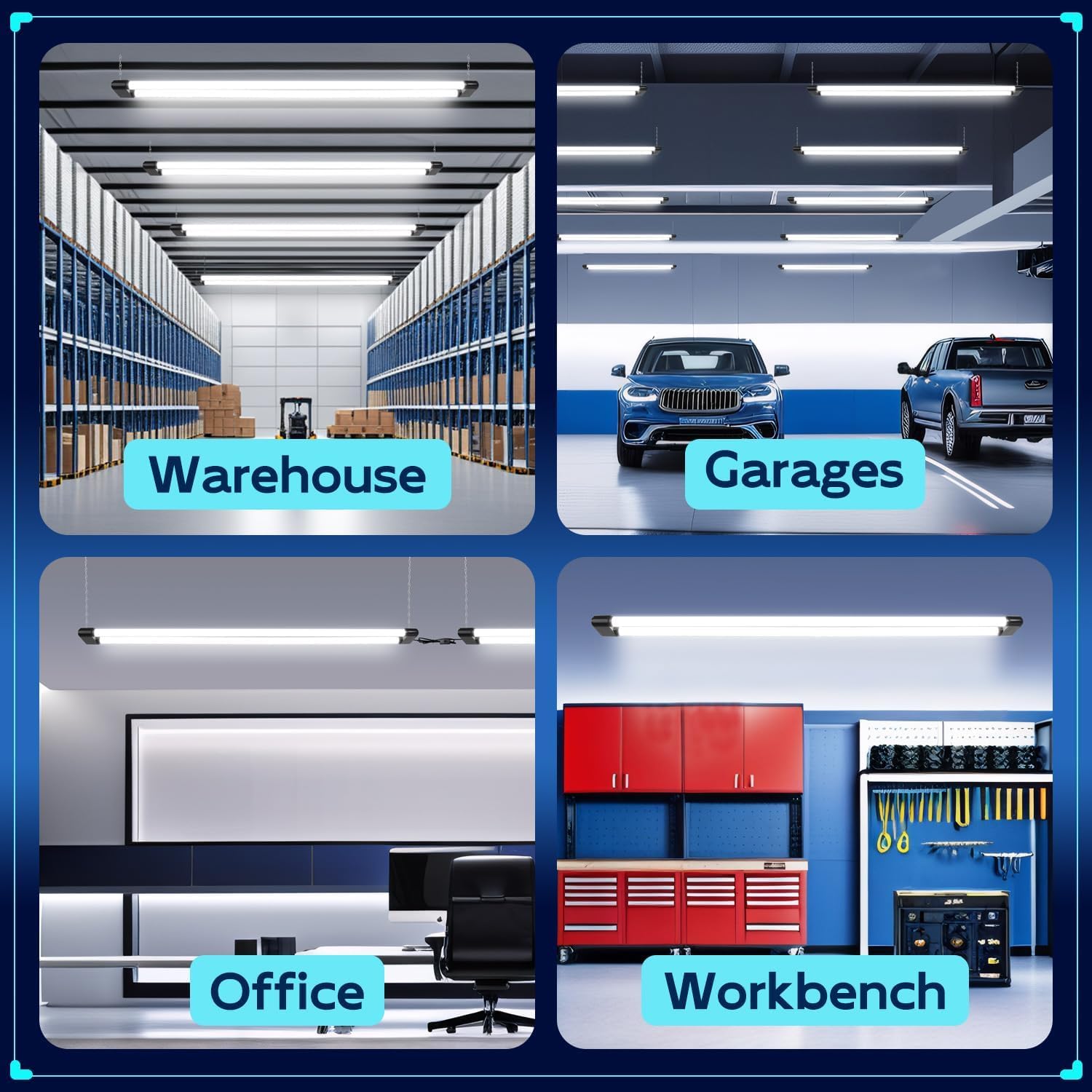 Hykolity linkable LED shop lights connected for wider garages and workshops.
