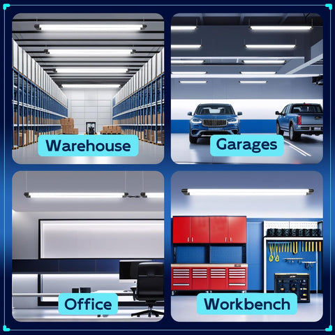 Hykolity linkable LED shop lights connected for wider garages and workshops.