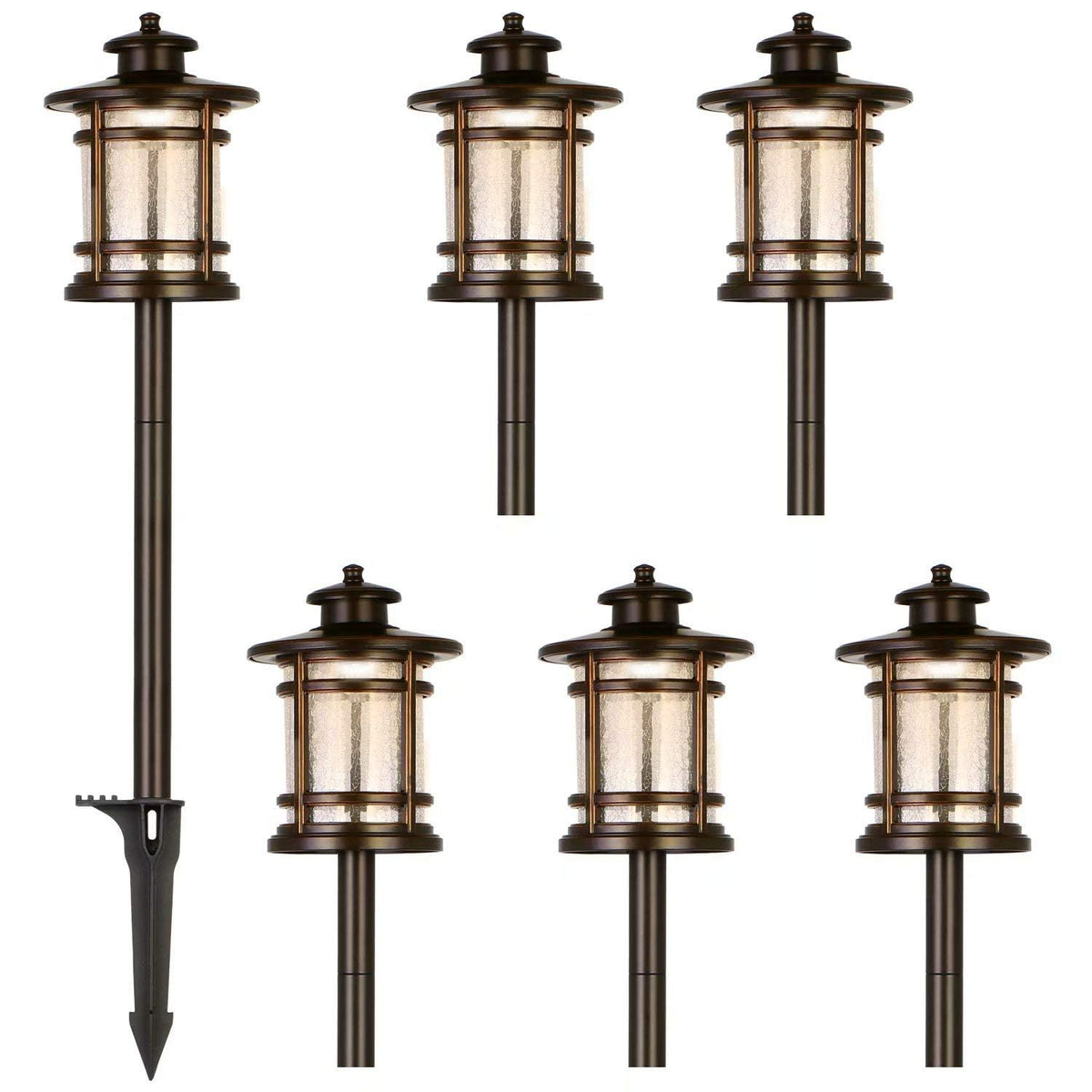 Hykolity low voltage orb LED light with crackled shade illuminating a walkway.