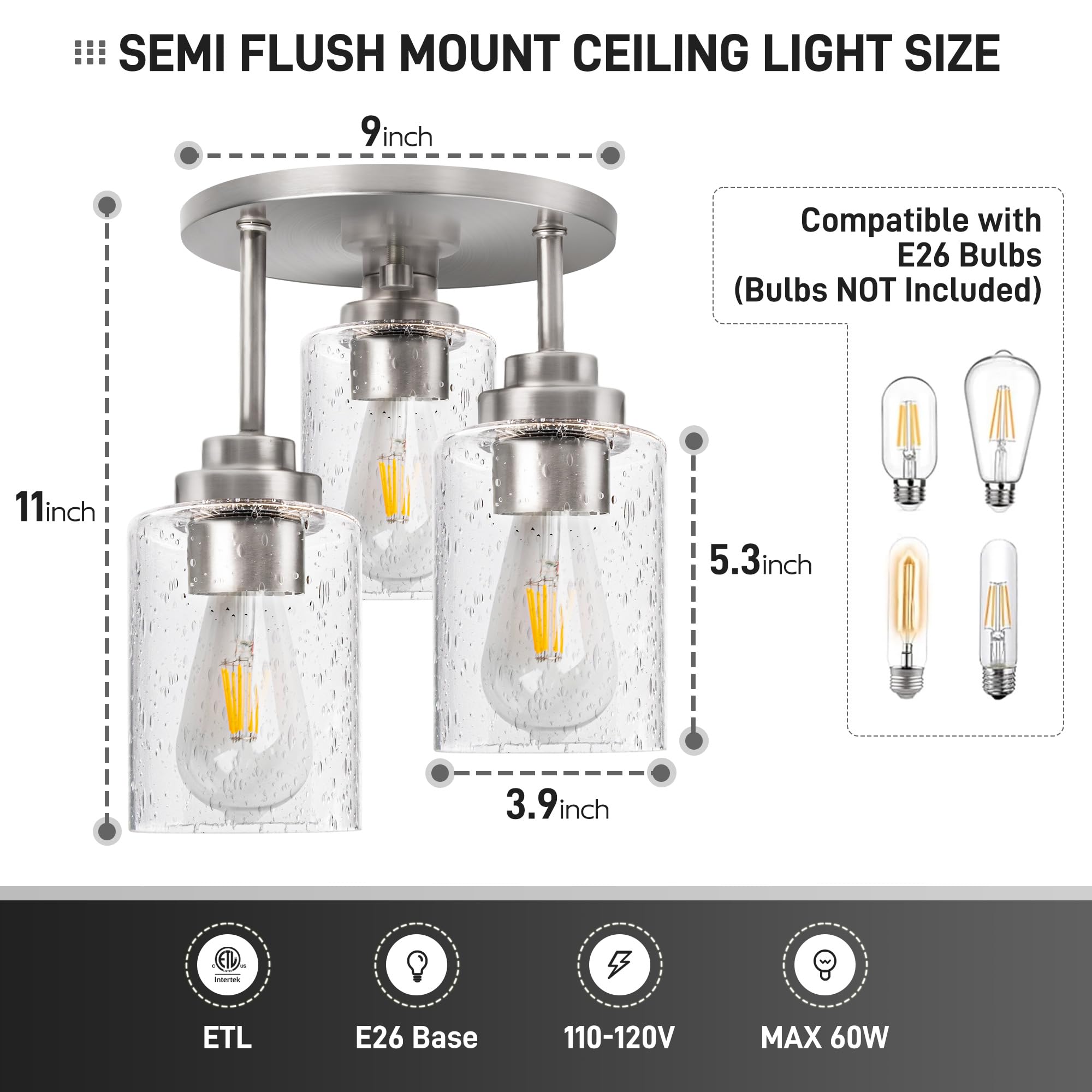 Hykolity nineinch-semi-flush-size fits compact spaces with balanced lighting.