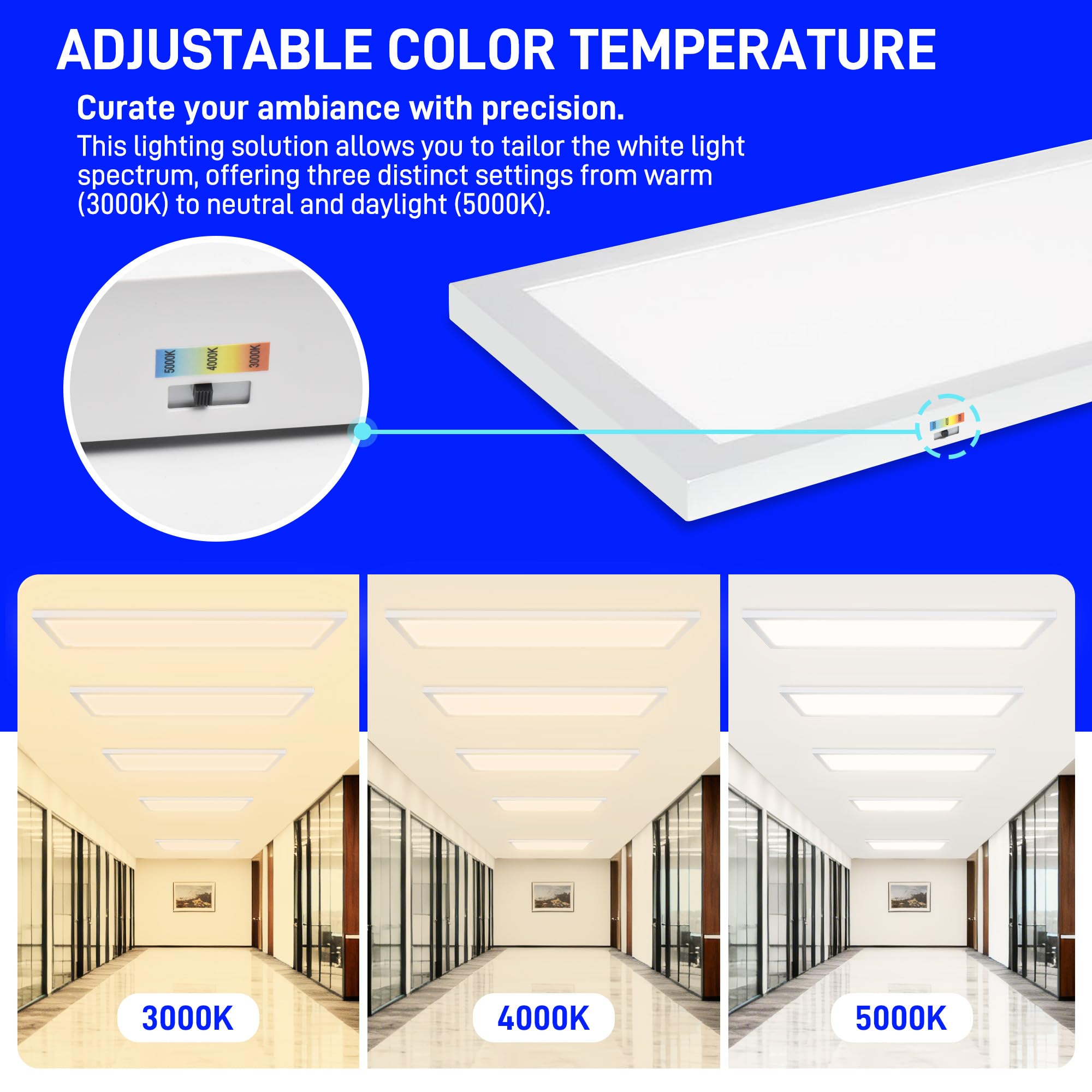 Hykolity selectable CCT flat panel in 3000K-5000K for versatile spaces